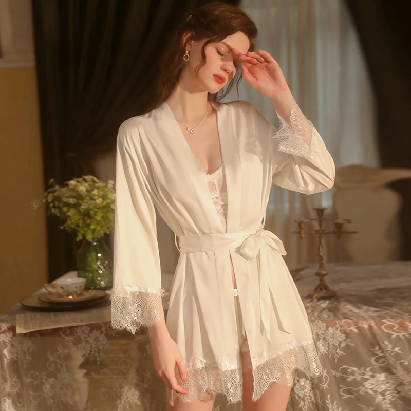 Underwear Nightgowns Sexy Sweet Lace Perspective Sling Shorts Lace-Up Robe Homewear Set Lingerie Lace Sleepwear Silk Nightgown