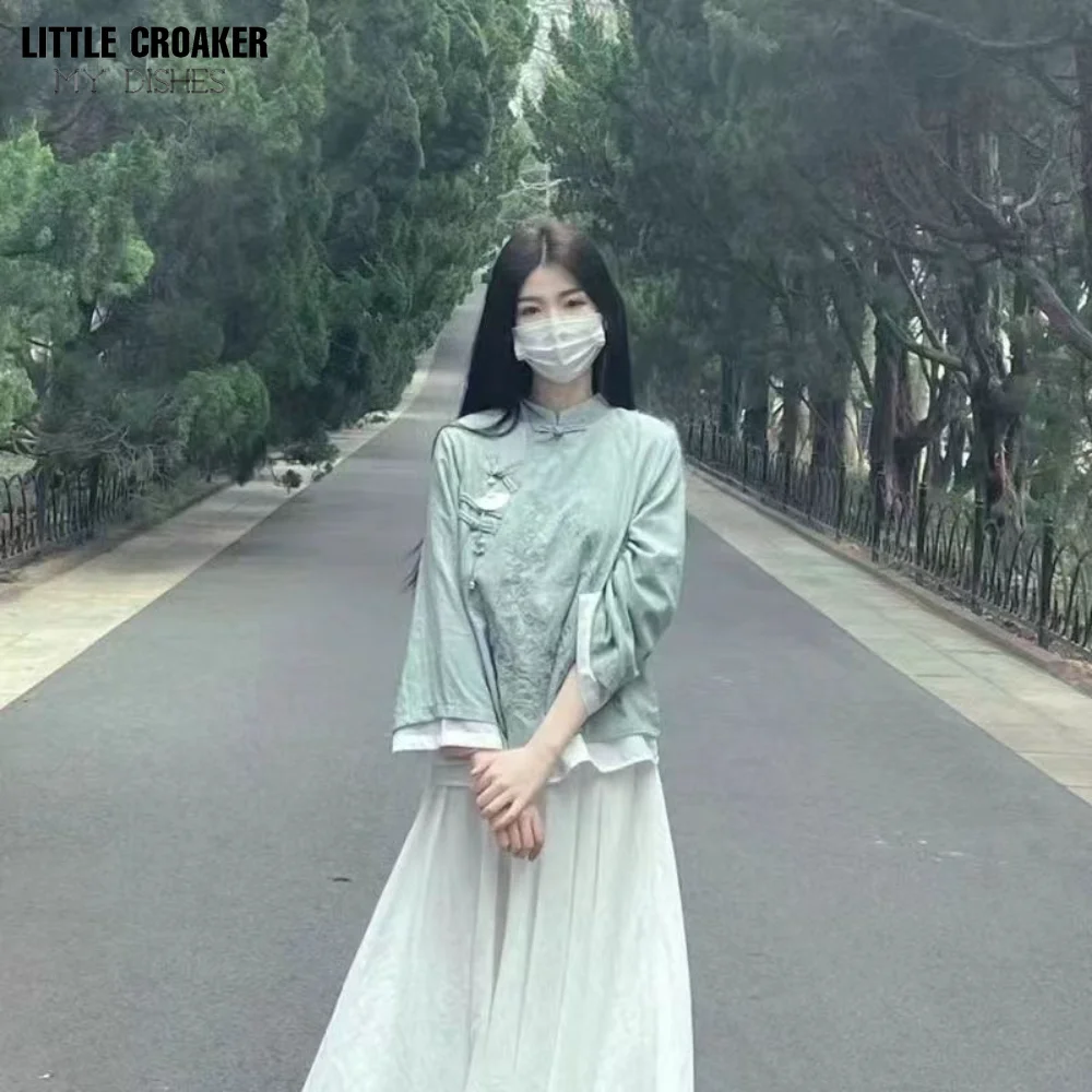 

Костюм из двух предметов/китайское чайное платье дзен, блузка из хлопка и льна с вышивкой, модифицированный костюм Чонсам с рубашкой и юбкой на пуговицах