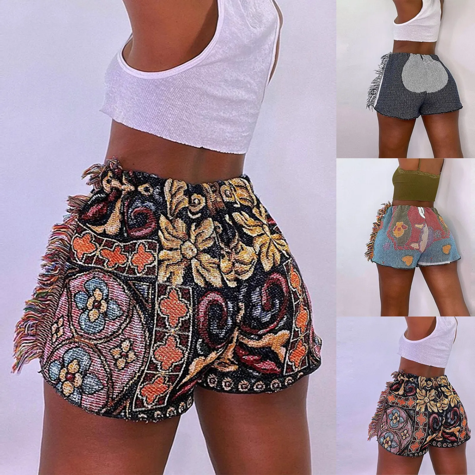 

Retro Women Floral Shorts Summer Tight Mini Pants Tassel
