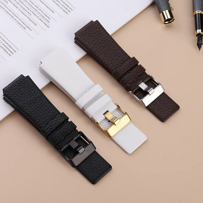 Leather Watch Band Mens Chain For Diesel DZ1089 DZ1123 DZ1132 Substitute Convex Black Strap 30*22mm 30x20mm 28x20mm 28x22mm
