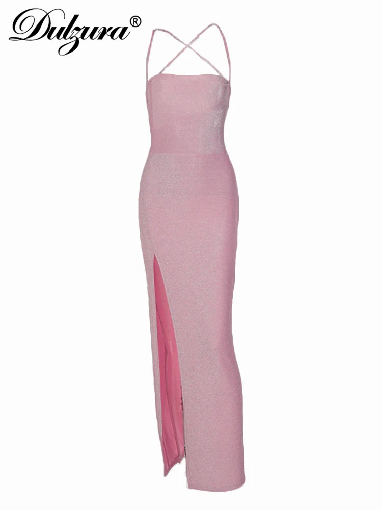 

Dulzura Bling Glitter Lace Up Women Strap Midi Dress Side Slit Backless Bodycon Sexy Streetwear Party Club Elegant 2022 Evening