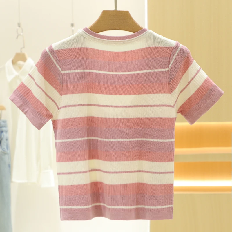 [Mo] Модный утягивающий универсальный вязаный топ с короткими рукавами и круглым