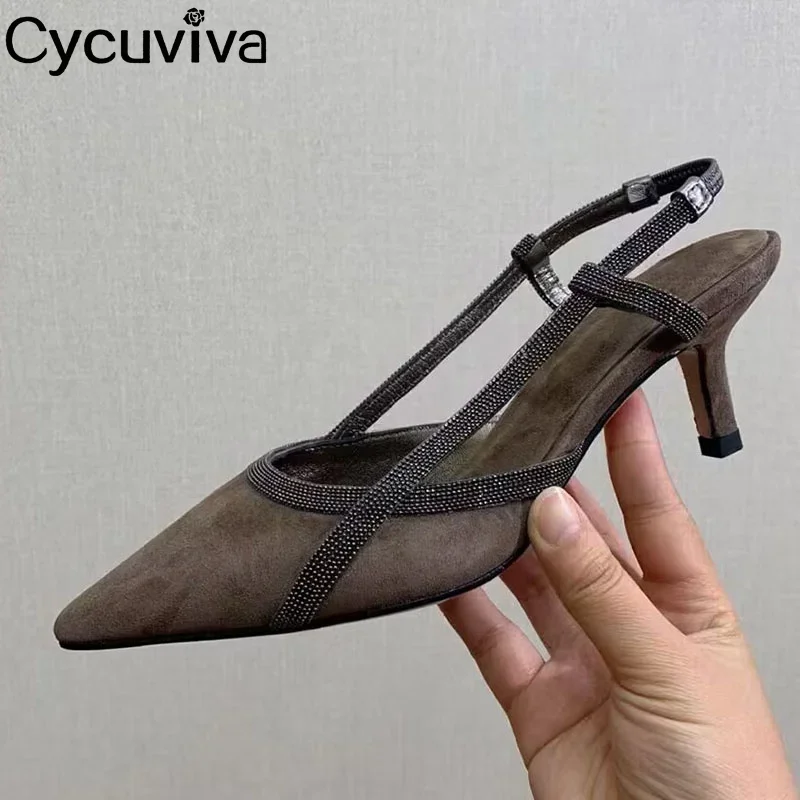 Летние замшевые кожаные сандалии на среднем каблуке с котятами женские острым