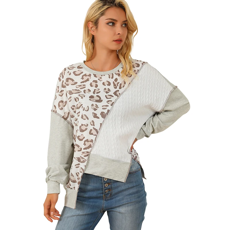 

Женская толстовка с капюшоном, осенняя стильная свободная уличная одежда в стиле пэчворк с круглым вырезом и леопардовым принтом, Женский пуловер, модная повседневная женская одежда