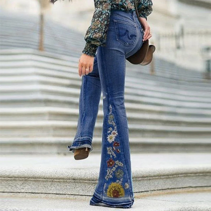 

Embroidered Women Jeans 2023 New Mom Elegant Loose Casual Street Style Denim Flared Pants Plus Size Washed Blue Ladies Trousers
