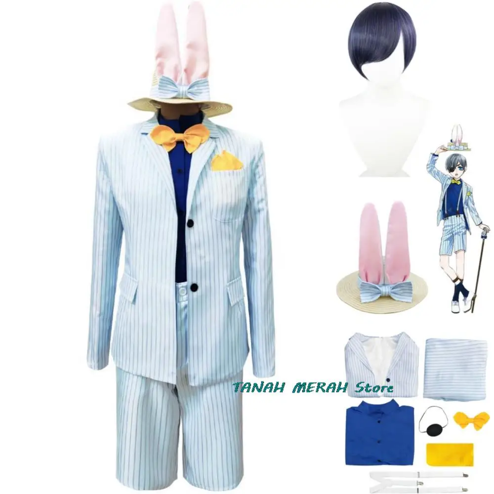 

Anime Black Butler Ciel Phantomhive Cosplay Costume Smile Wig Little Rabbit Stripe Uniform Hat Man Woman Masquerade Ball Suit