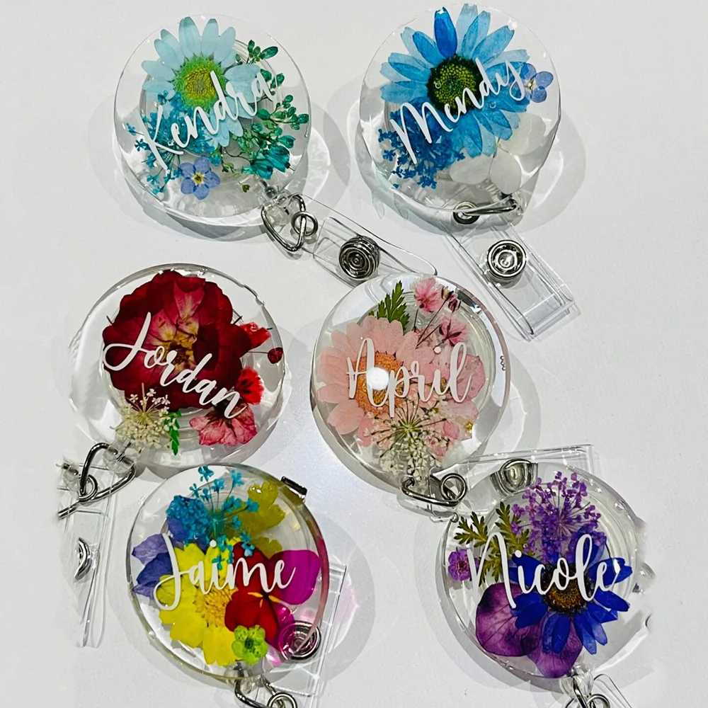 

New Design Acrylic Resin Real Flower Retractable Badge Reel ID Badge card holder Holder Doctor Nurse Teacher Gift for friend