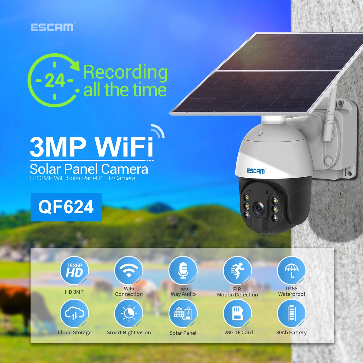 ESCAM QF624 HD 3MP 24 Hours Record PT Wifi IP Camera PIR Alarm With Solar Panel Full Color Night Vision Waterproof Security Cam