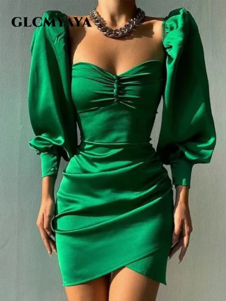 

CMYAYA Women Satin Puff Lantern Sleeve Sweetheart Neck High Waist Ruched Midi Bodycon Dress Sexy Party Prom Dresses Vestidos