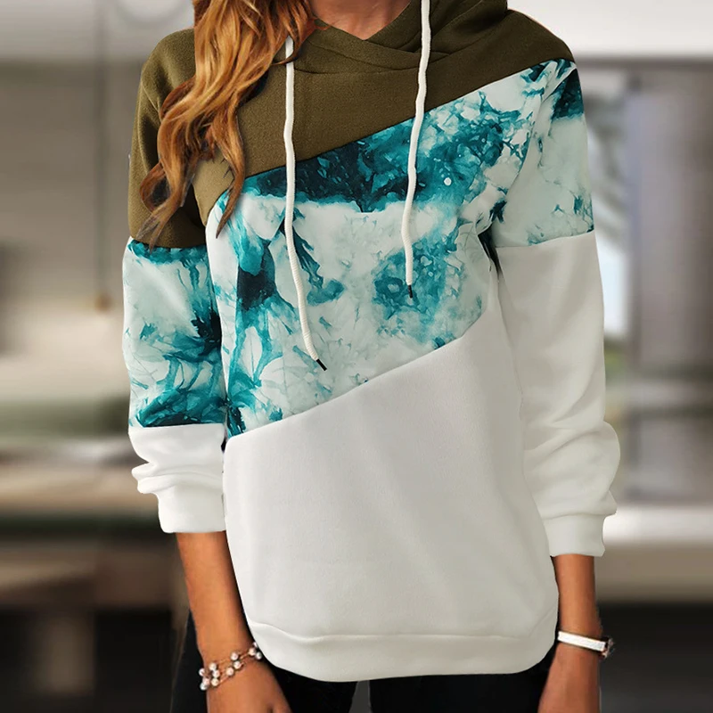 

Women Block Color Printing Hoodie Sweatshirts Autumn Patchwork Drawstring Hooded Tops Pullover Winter Long Sleeve Loose Hoodies