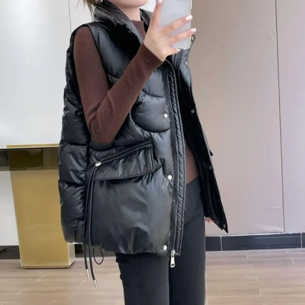 Повседневный свободный женский жилет стильный без рукавов с воротником-стойкой