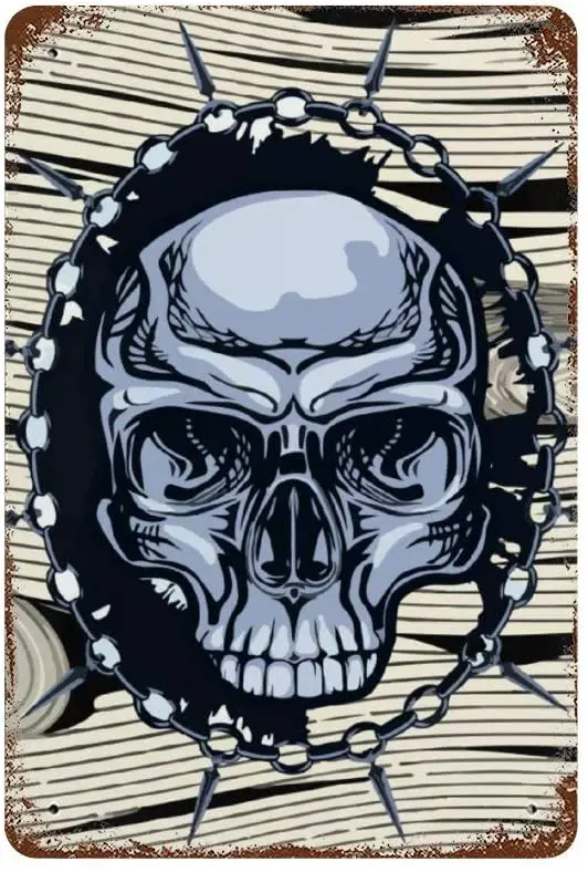 

NoBrands Vintage Retro Metal Tin Sign Wall Decor Art Evil Skull Head Chain Skull Wooden Background Home Decor Plaque Poster Man