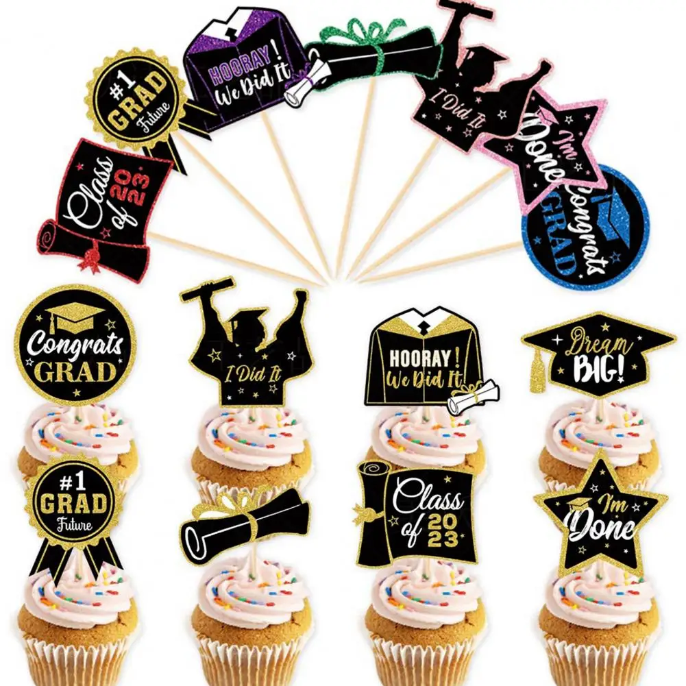 1 Set Cupcake Topper with Bamboo Sticks Glitter Hat Diploma Gown Star 2023 Graduation Cake Decoration Pick Cake Party