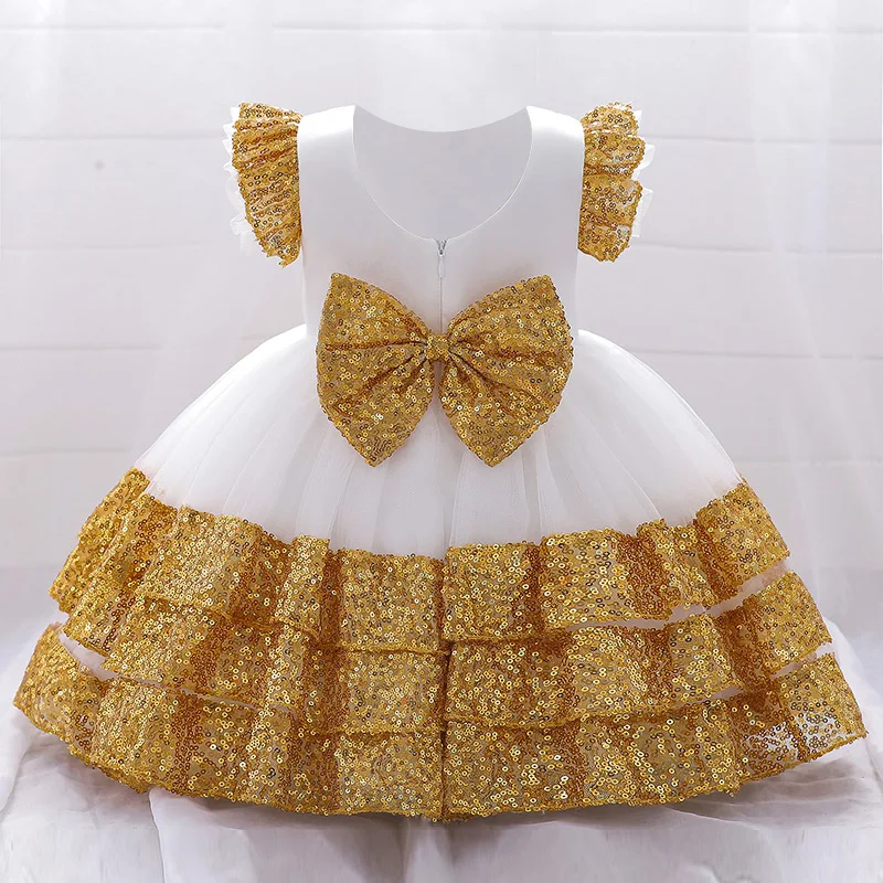 

Baby Girl Clothes Pageant Backless Sequin 1 Year Birthday Dress For Baptism Bow Princess Party Dresses Gown Toddler Costume