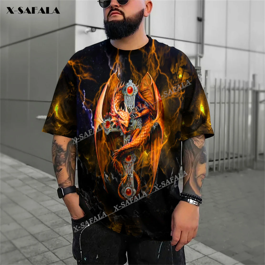 

Winged Dragon On A Cross Island Skull 3D Printed T-Shirts Tops Tees Short Sleeve Casual Milk Fibe Better Cotton O Collared