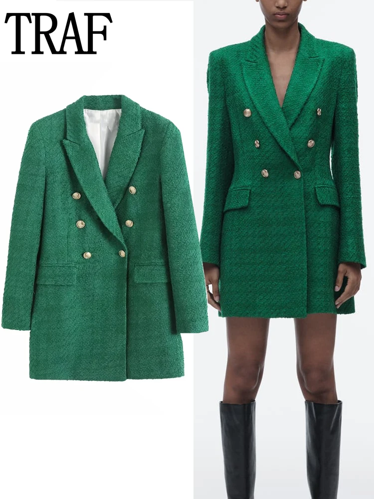

TRAF Green Blazer Woman Tweed Long Blazer Women Double Breasted Chic And Elegant Woman Jacket Spring 2023 Women's Blazers