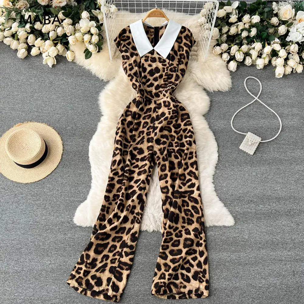 

Women Sleeveless Leopard Print Jumpsuit 2022 Summer Polo Collar High Waist Female Elegant Luxury Wide Leg Jumpsuits Streetwear