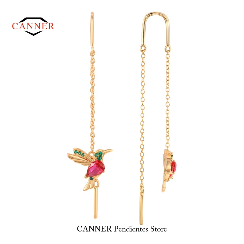 CANNER Cute Red Cubic Zirconia Bird Pendant Ear Piercing 925 Sterling Silver Chain Stud Earrings for Women Fashion Jewelry Gifts