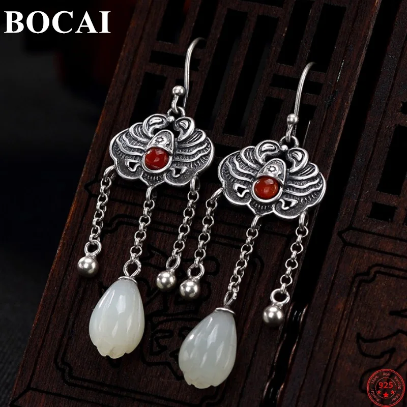 

BOCAI S925 Sterling Silver Earrings 2021 New Fashion Personality Jewelry Thai Silver White Jade Ear Drop For Women