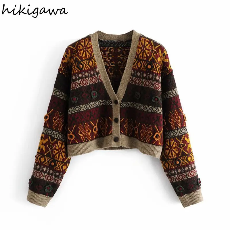

Hikigawa Women Fashion V Neck Single Breasted Jacquard Knitting Coats Casual High Street Long Sleeve Cardigan Female Chic Tops