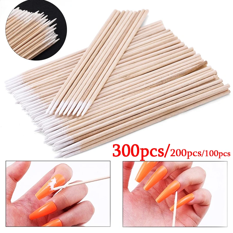 

300Pcs Nails Wood Cotton Swab Clean Sticks Buds Tip Wooden Cotton Head Manicure Detail Corrector Nail Polish Remover Art Tools