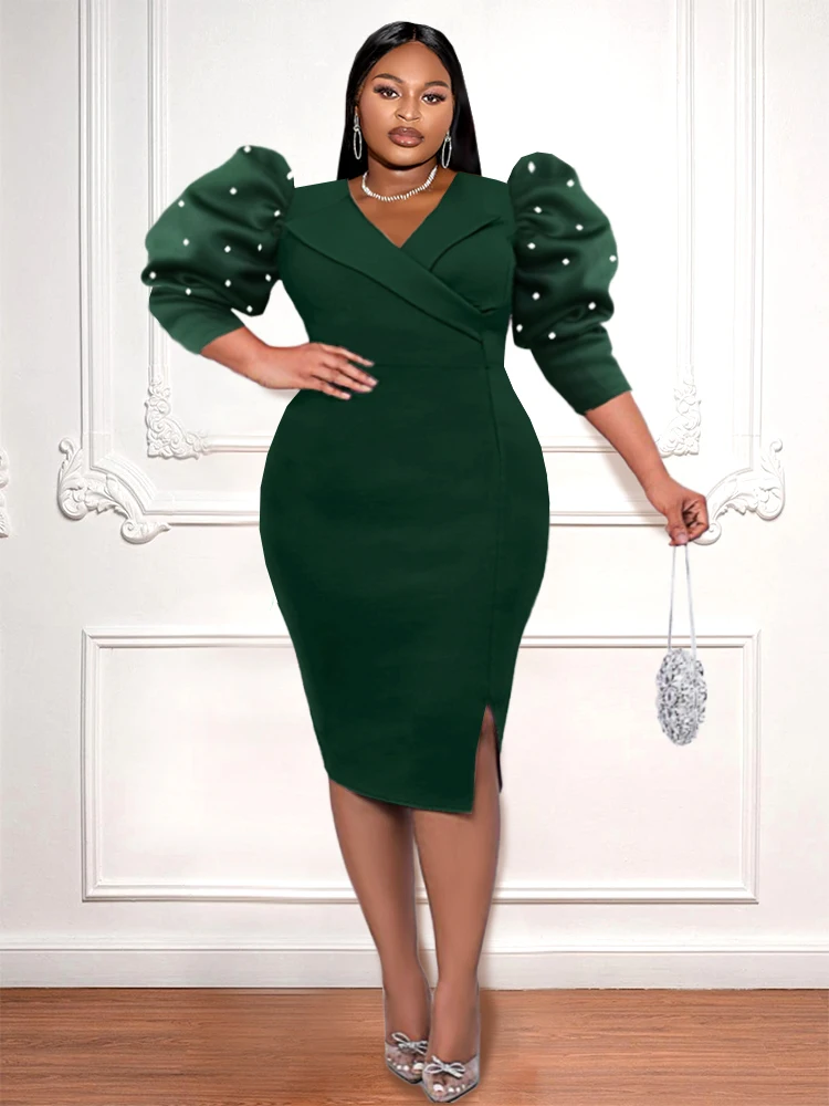 Plus Size Beaded Midi Dresses Puff Sleeve Dark Green V Neck Robes High Waist Bodycon Slit Elegant Evening Party Gowns Christmas