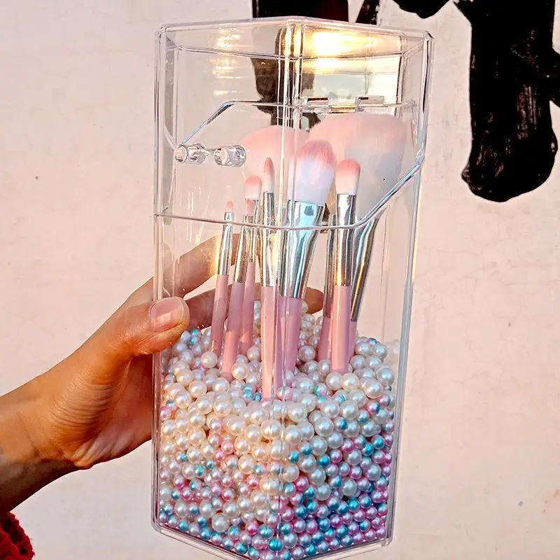 

Transparent Acrylic Makeup Brush Storage Tube Fine Pearl Storage Box Pen Holder Desktop Dustproof Storage Without Brush