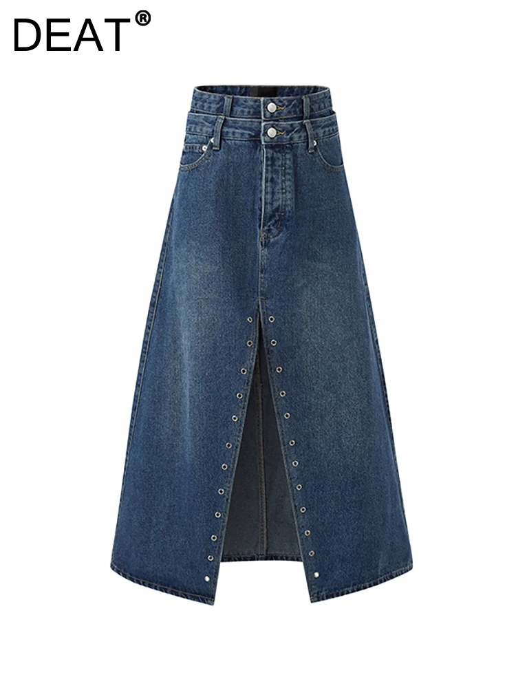 

DEAT Women's Denim Skirt Double Waisted Split Hollow Out Solid Color Ankle-Length Long Skirts 2023 Autumn New Fashion 29L2558