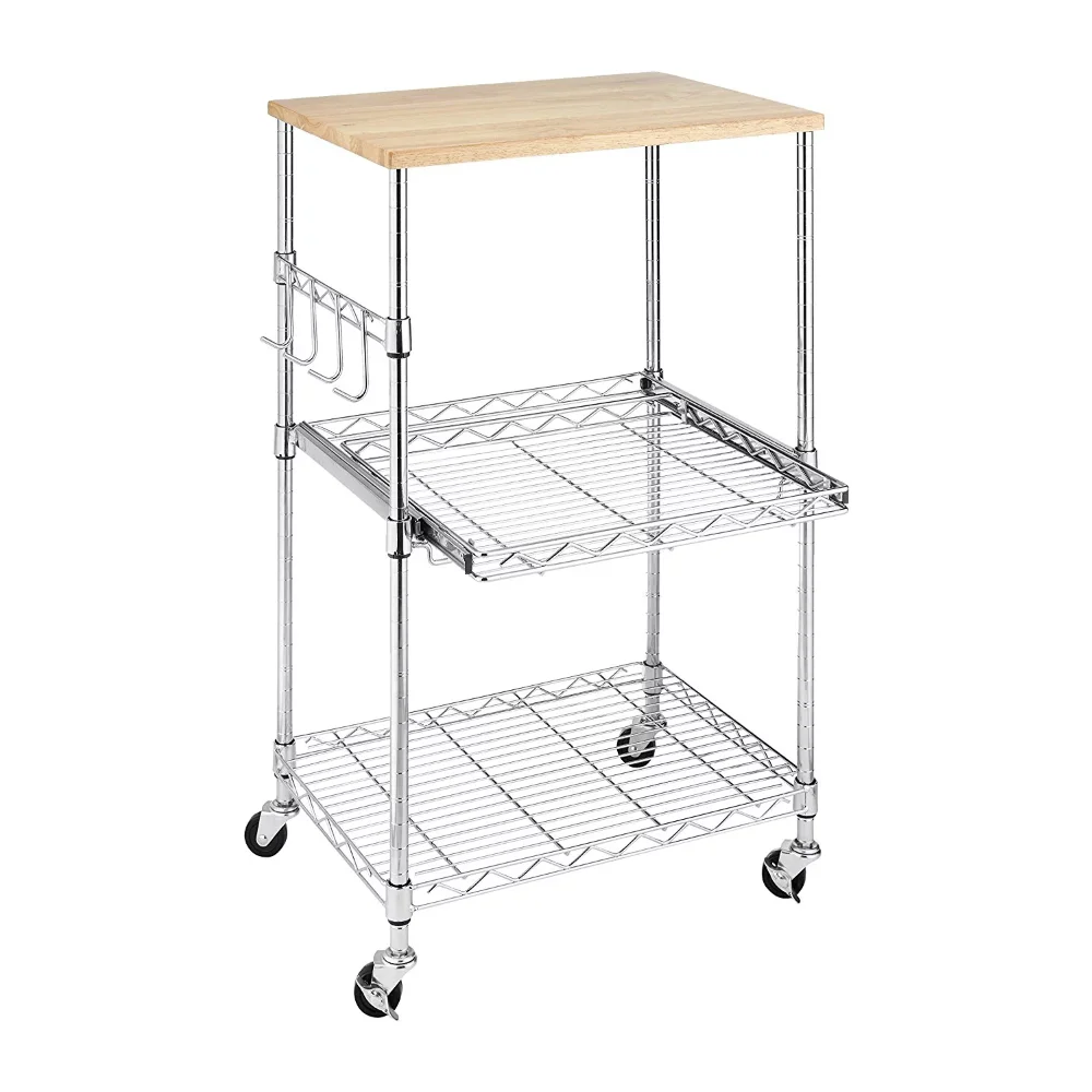 

Whitmor Supreme Kitchen Storage Microwave Cart - Wood & Chrome Rolling Cart Portable, Microwave Cart