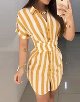 womens striped printed shirt skirt lapel fold button front casual top shirt dress fashion striped printed waist shirt miniskirt