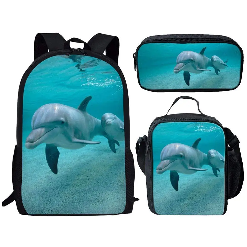 

Casual Schoolbag Blue Dolphin Print 3Set Lightweight Backpack for Teen Boys Girls Fashion School Bags Mochila Escolar