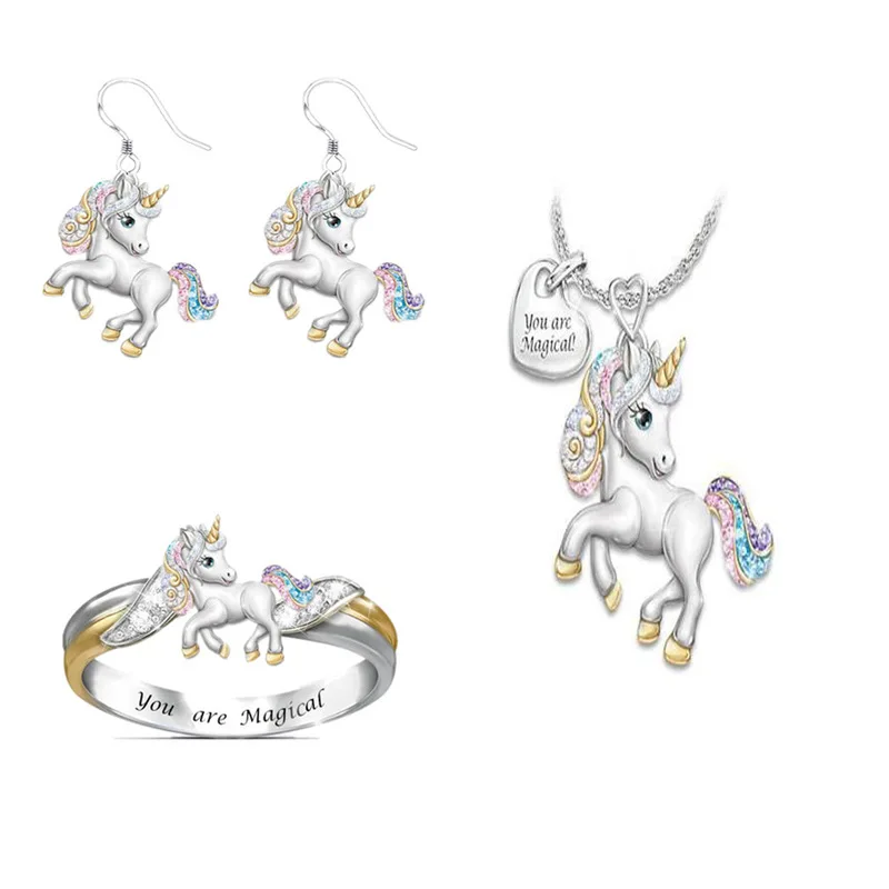 

Luxury Crystal Unicorn Rings Necklace Earrings Jewelry Set Cute Cartoon Rainbow Horse Accessories For Women Jewelry Gifts