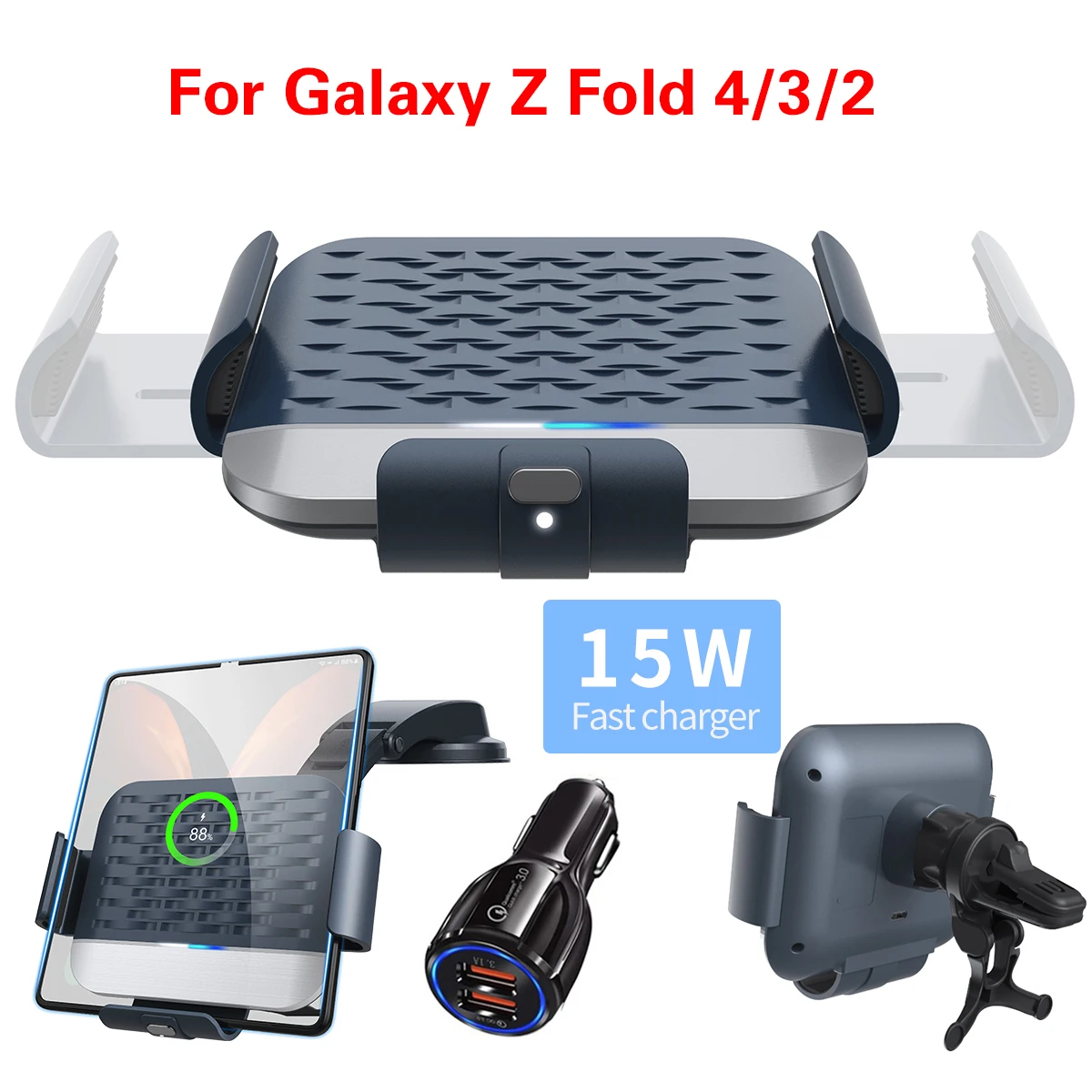 

15W Dual Coil Qi Wireless Car Charger Mount Holder for Samsung Galaxy Z Fold4 Fold3 Z Fold2 Fold Auto Clamp Fast Car Charger