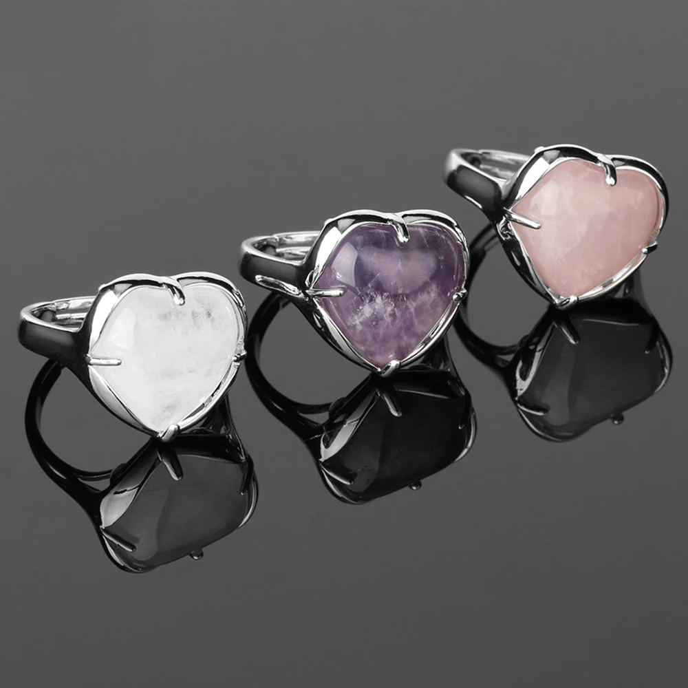 

Mineraali Heart-Shaped Natural Cyrstal Stone Adjustable Ring for Women Silver Color Natural Gemstone Ring for Engagement Wedding