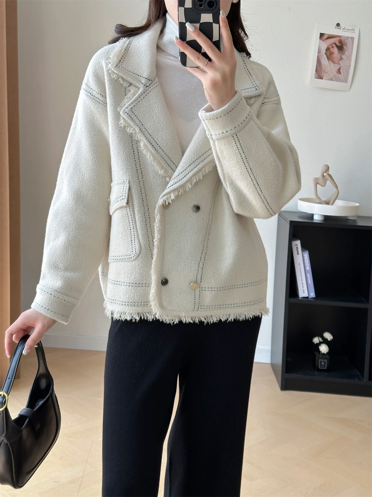 Светская женская короткая двусторонняя твидовая куртка пальто осенне-зимний