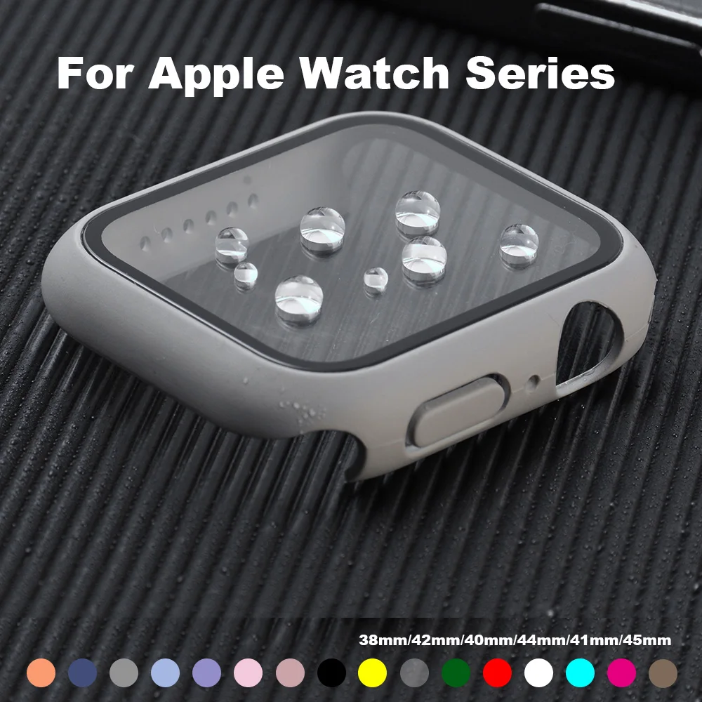 50pcs Full Cover For Apple Watch S7 6 5 4 Matte Plastic For Cars Hard Frame Case With Glass For iwatch S1 2 3 Protector
