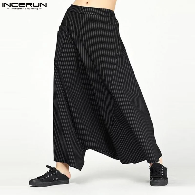 

INCERUN 2023 Men Irregular Pants Loose Striped Joggers Elastic Waist Streetwear Drop-crotch Pants Stylish Harem Trousers Men 5XL