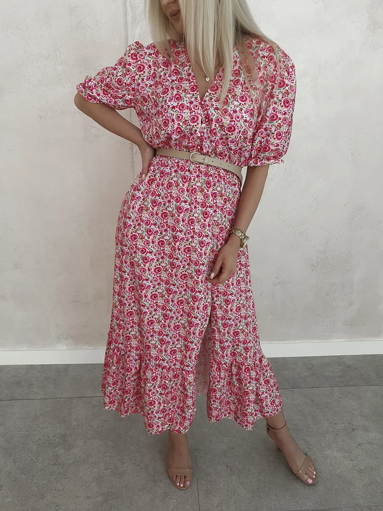 

Summer Sexy V-neck Side Slit Floral Print Dress Women Elegant Short Sleeve Buttons Slim Beach Party Dress 2022 Boho Dresses Robe