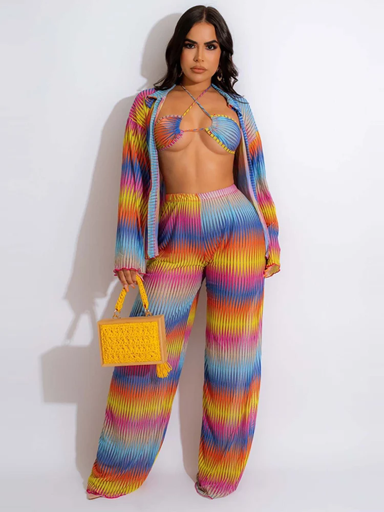 

Casual Pleated Print 3 Pieces Set Women Camisole Flare Sleeve Top High Waist Pants Female Suit 2022 Summer Loose Lady Outfits