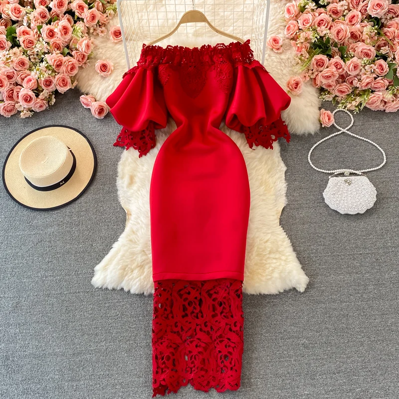 

Sexy Hollow Out Lace Long Dress Women Elegant Red/Pink/White Off Shoulder Patchwork Maxi Party 2021 Autumn New