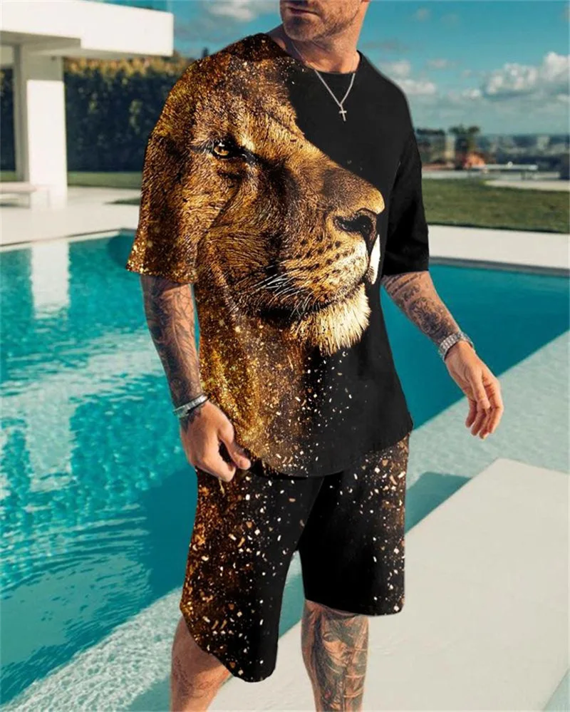 New Version Of Men's Loose Casual T-shirt 3D Printed Lion  Print Oversized Streetwear Short Sleeve + Shorts Two-piece Tracksuit