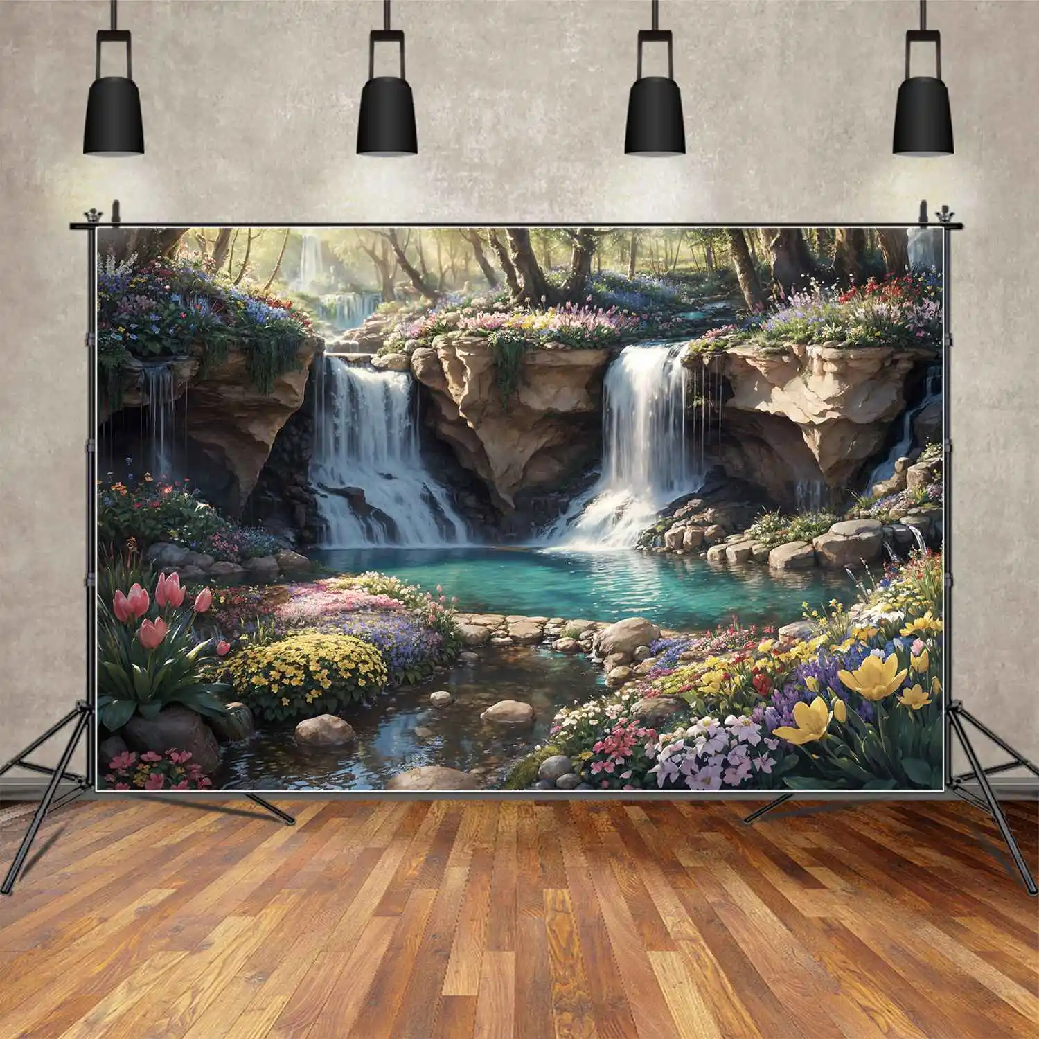 

Spring Forest Waterfall Backdrops Photography Gold Sunshine Lake Customized Children'S Photobooth Photographic Backgrounds Props