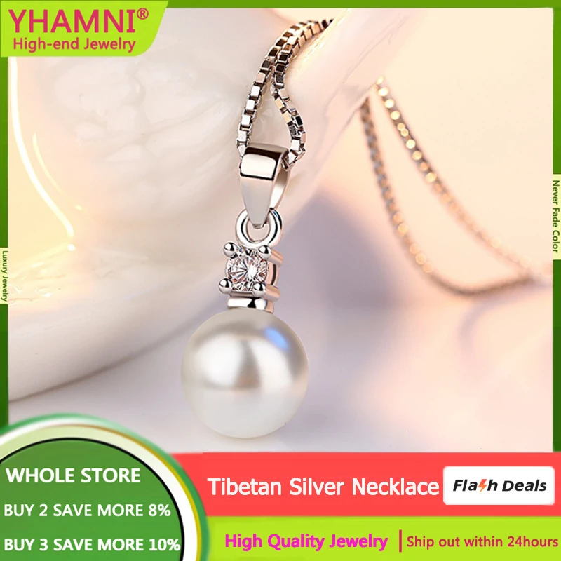 

YHAMNI 2023 New Fashion Kpop Pearl Choker Necklace High Quality Tibetan Silver Chain Pendant For Women Wedding Jewelry Girl Gift