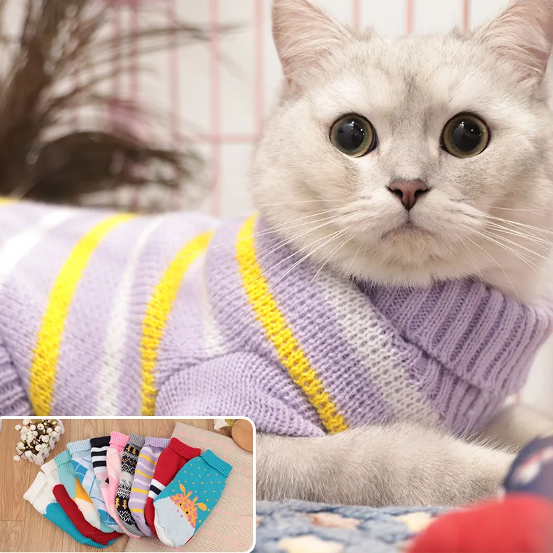 

Winter Cat Clothes Dog Warming Sweater Chihuahua Kitten Yorkshire Pure High Collar knitted clothing Lapel For Puppy Cats