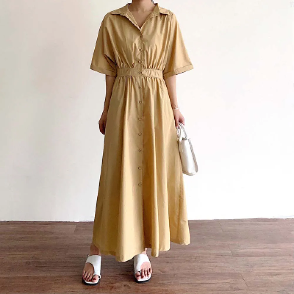

Dress Casual Ins Slim Fit Long Flared Short Sleeve Dress Shirt Dress Solid Color Korea Japan Style Elegant Chic 2022 Summer New