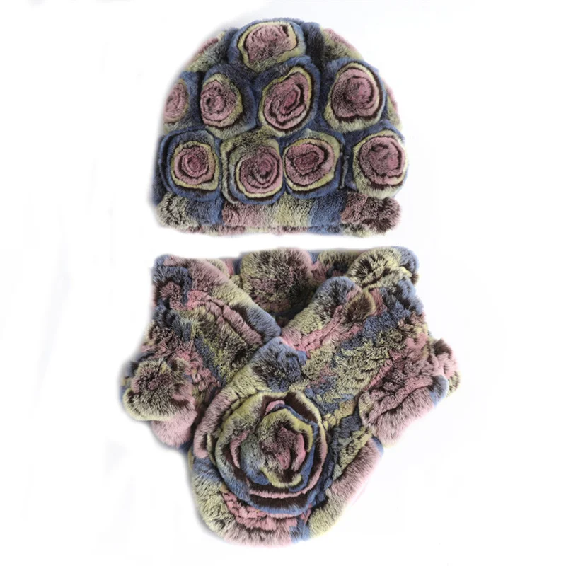 

Women Knit Real Rex Rabbit Fur Hat Scarf Sets Natural Warm Rex Rabbit Fur Scarves Hat Winter Lady Real Rex Rabbit Fur Hat Scarf