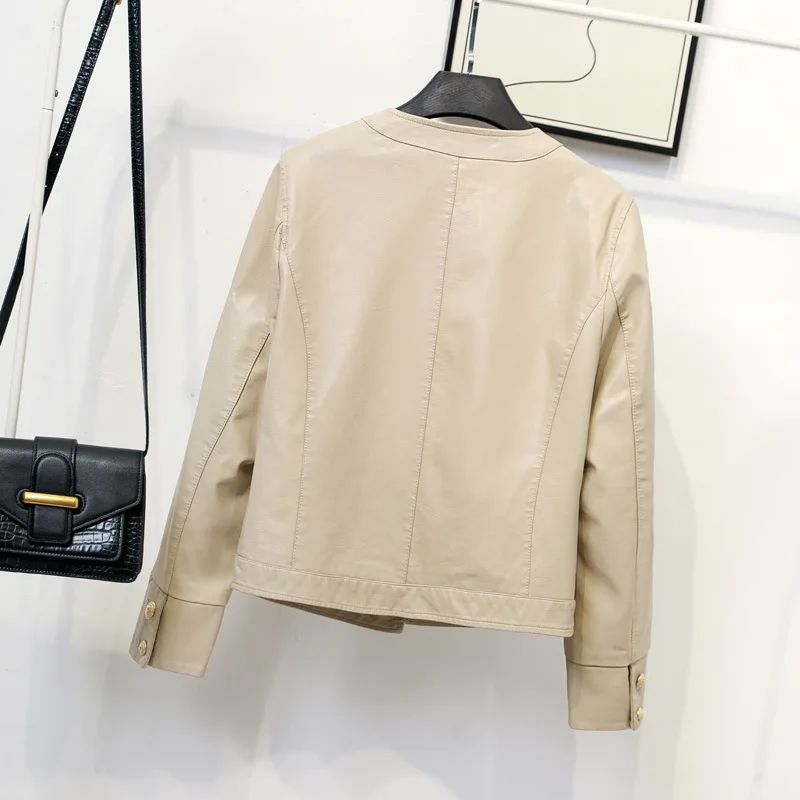 2023 new women's single breasted round neck leather jacket motorcycle short leather jacket small coat