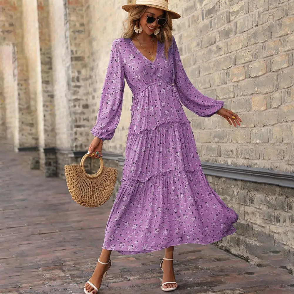 Maxi Dress V Neck High Waist Large Hemline Long Sleeve Pleated Floral Print Split Long Dress for Daily Wear