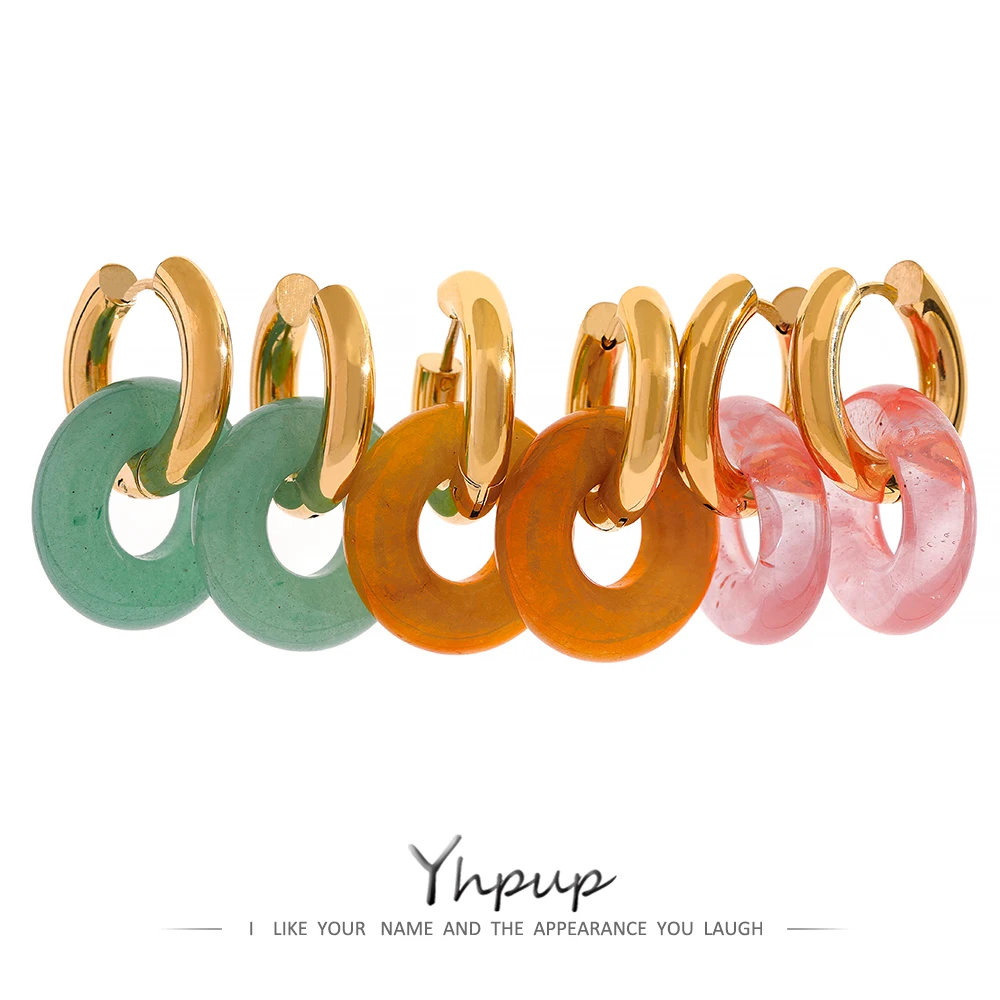 

Yhpup Natural Stone Green Aventurine Round Hoop Earrings Fashion Stainless Steel Yellow Red Golden bijoux acier inoxidable femme
