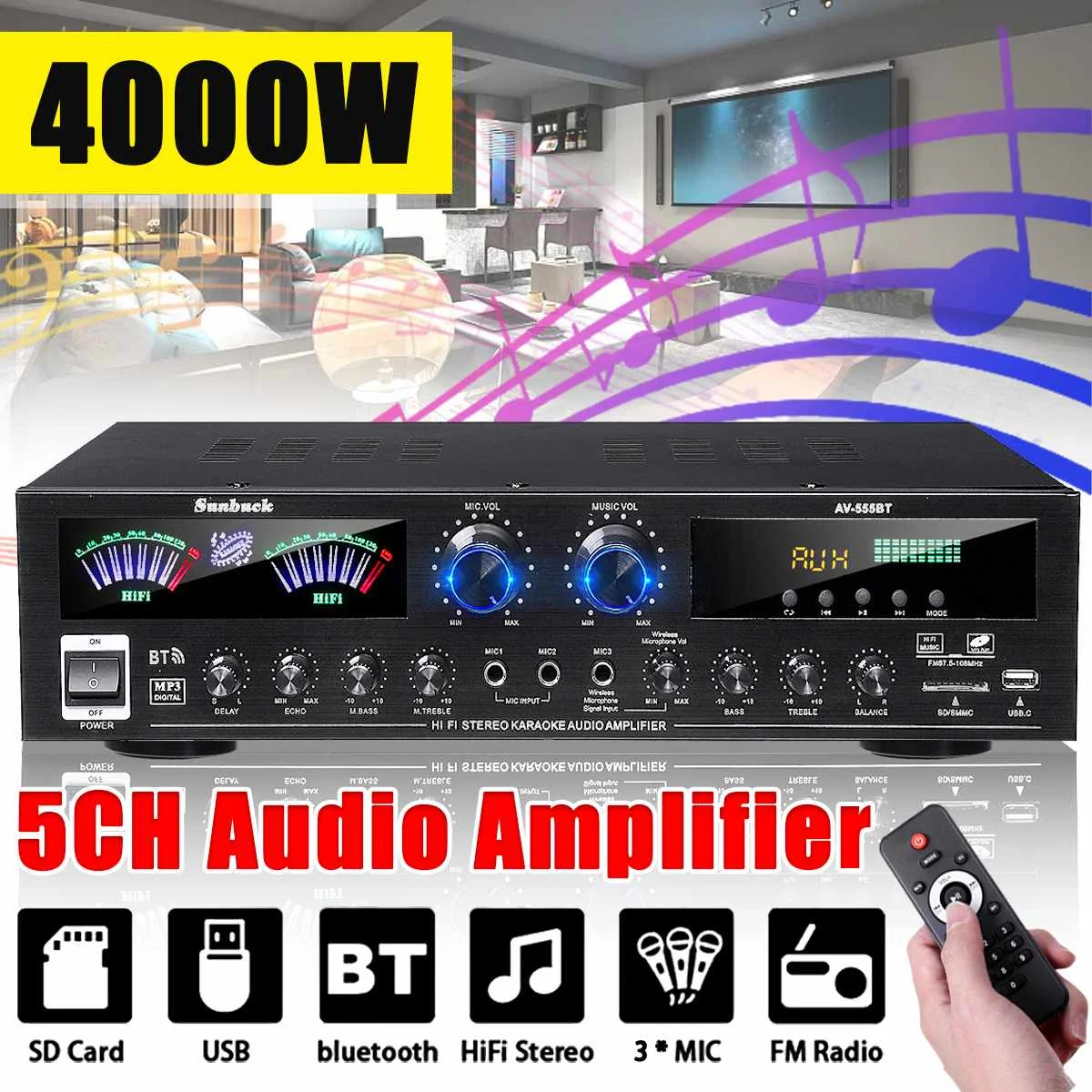 

AV555BT 4000W 5CH Home Amplifiers Audio Bass Audio Power bluetooth Digital Amplifier Hifi FM USB SD LED for Subwoofer Speakers